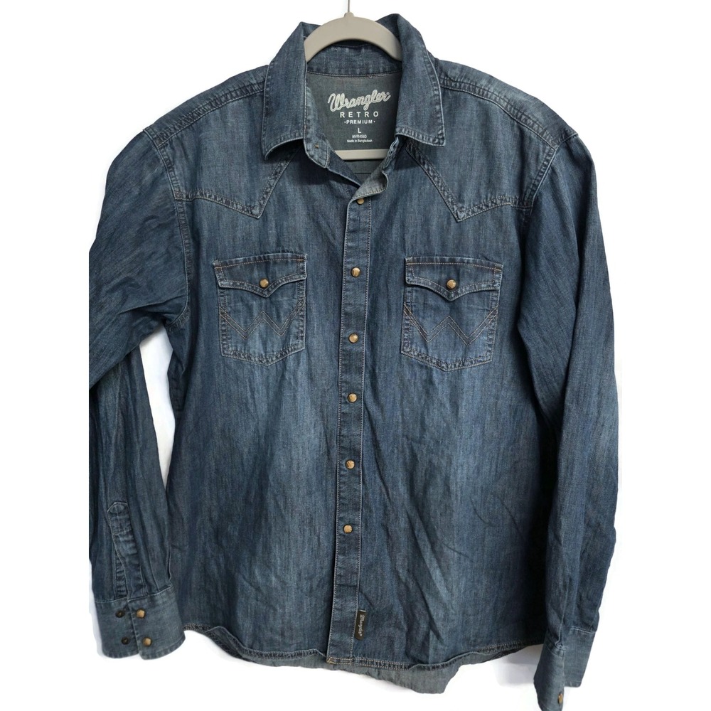 Wrangler Retro Premium Mens Blue Denim Western Pearl Snap Shirt MVR458D L